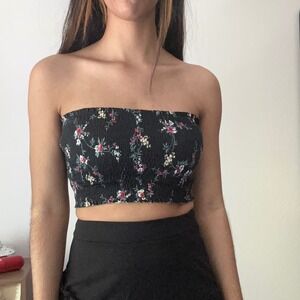 Garage Floral Tube Top Smocked Cropped Black Pink White Casual Size Small